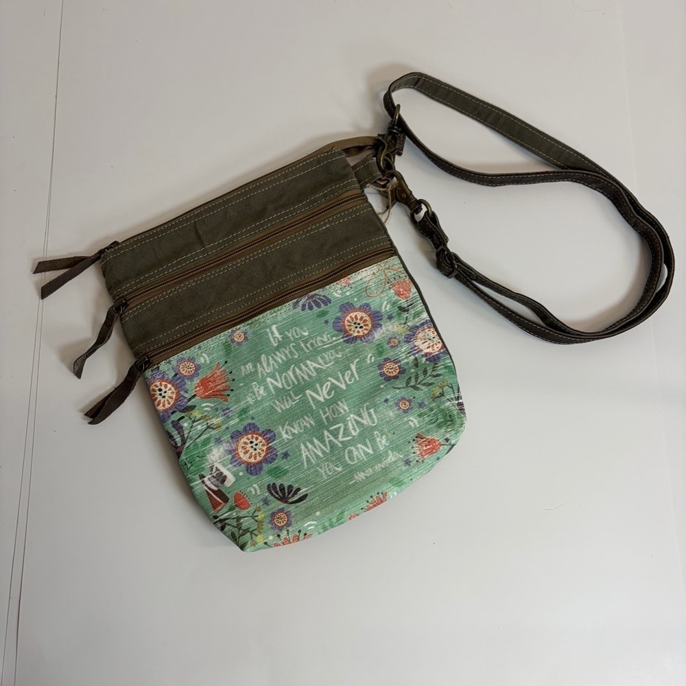 OHLAY Boho Inspirational Quote Crossbody Bag Canvas Floral